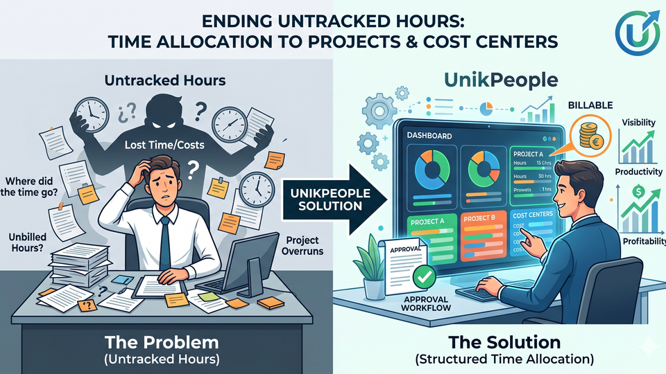 Time allocation to projects in UnikPeople — employee self-service portal for tracking and approving billable work hours