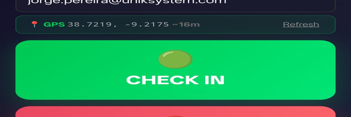 UnikPeople GPS Check-In showing GPS coordinates and check-in button on smartphone