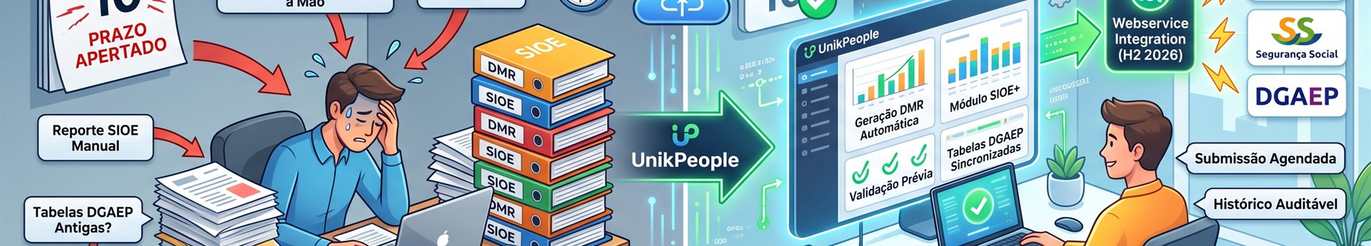 Payroll compliance automation in Portugal — UnikPeople generates the monthly DMR and submits SIOE to the DGAEP