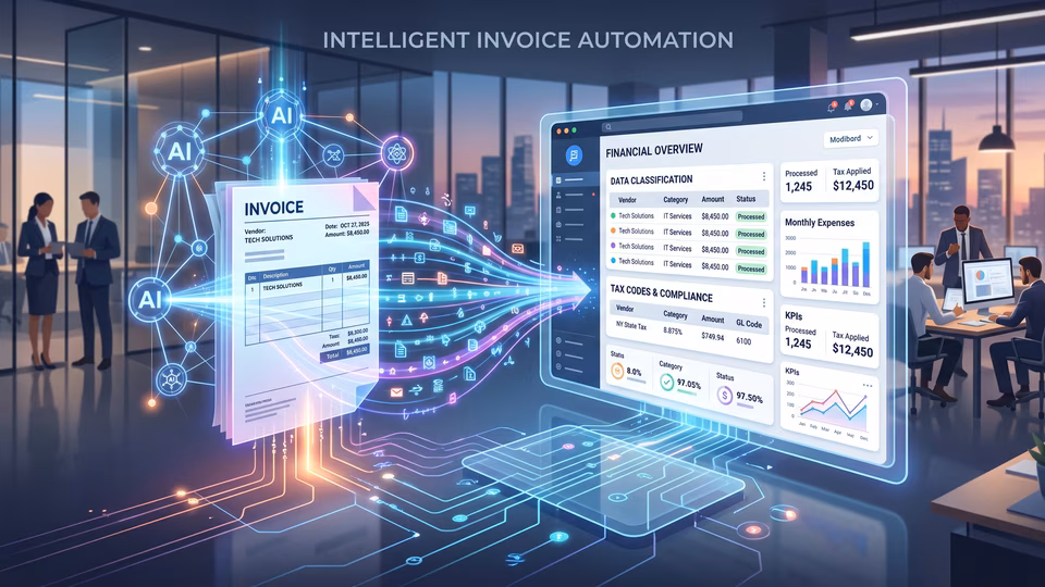 Touchless invoice processing dashboard showing tax qualification and exception rates